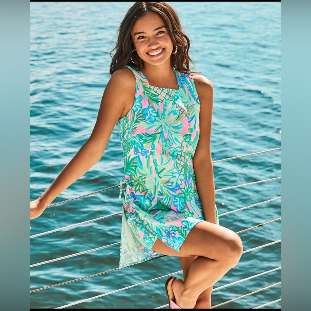 LILLY PULITZER DONNA SQUARE NECK ROMPER IN NEW BLOOMS ON THE BLOCK ENGINEERED